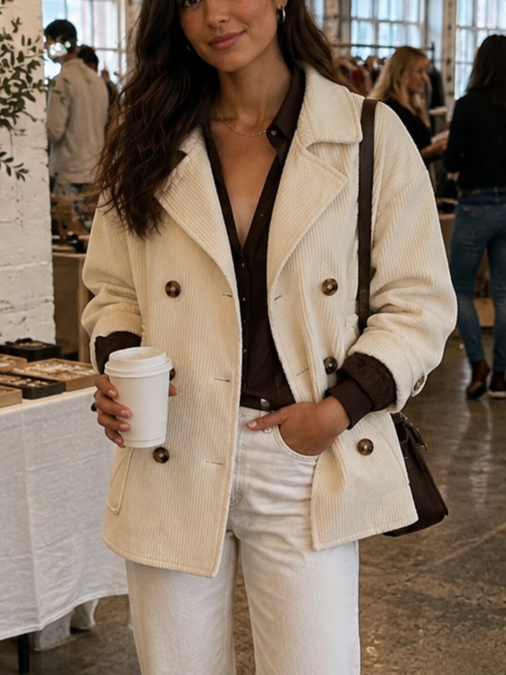 Free People Remi Oversized Corduroy Pea Coat Cream Double Breasted Jacket M